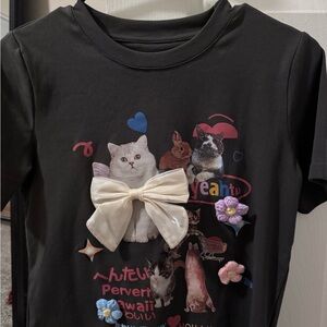 Black Cat Graphic T-Shirt with White Bow